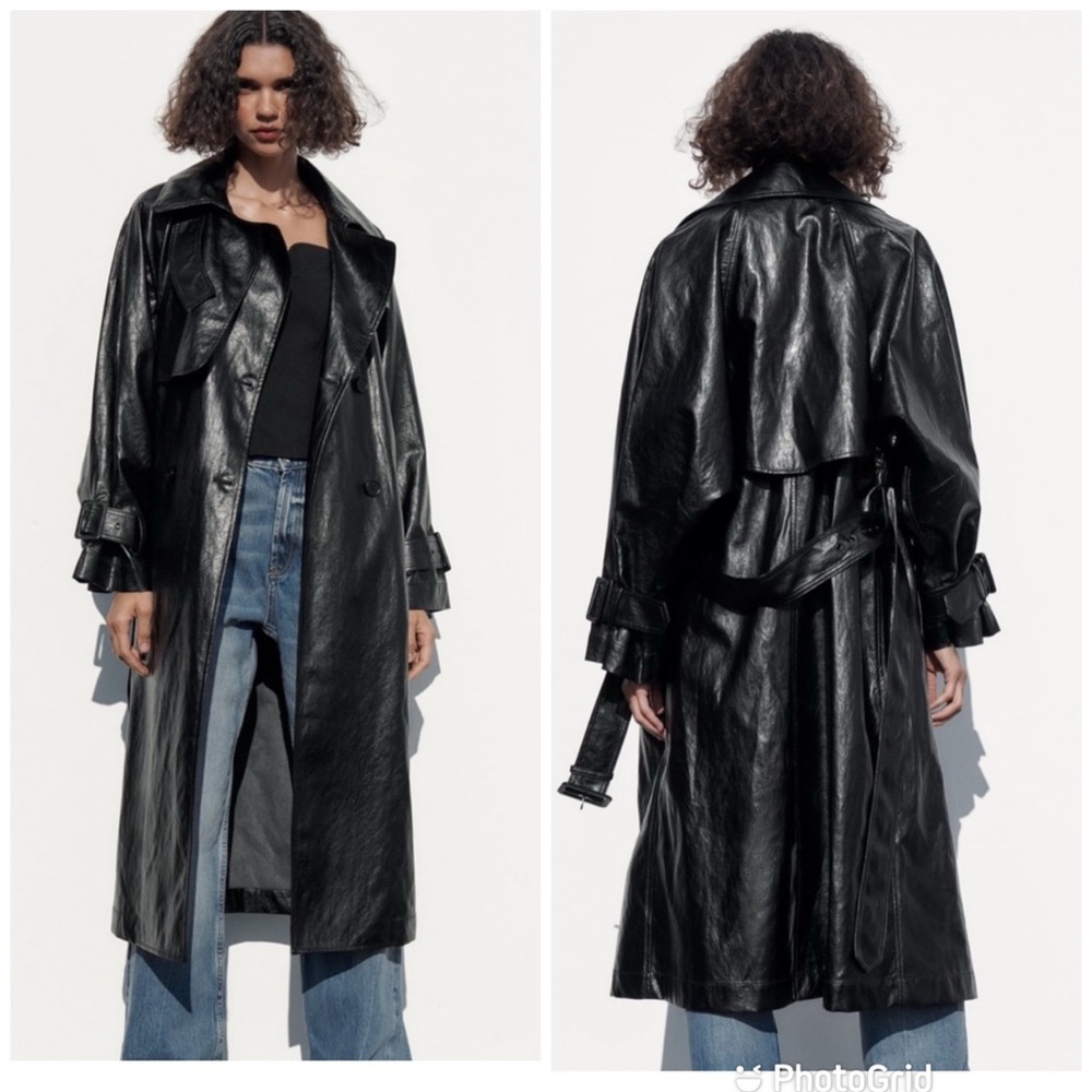 ZARA BLACK FAUX LEATHER BELTED TRENCH COAT